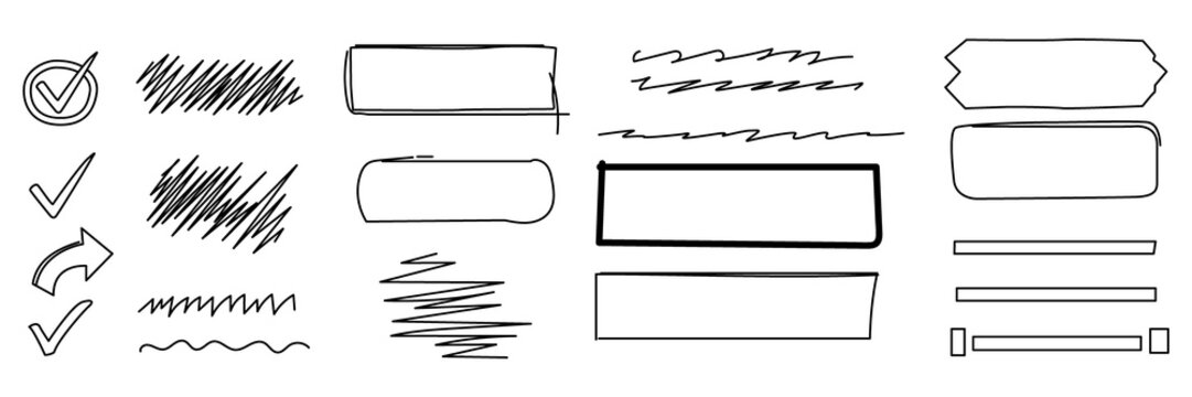 Hand drawn checklist markers and decorative divider lines with horizontal banners and scribble frames for organizational design and bullet journal ornamentation
