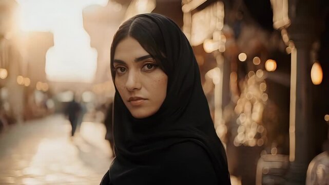 Persian woman in a richly detailed close-up against the ancient bazaar arches, using warm chiaroscuro lighting to emphasize her timeless elegance
