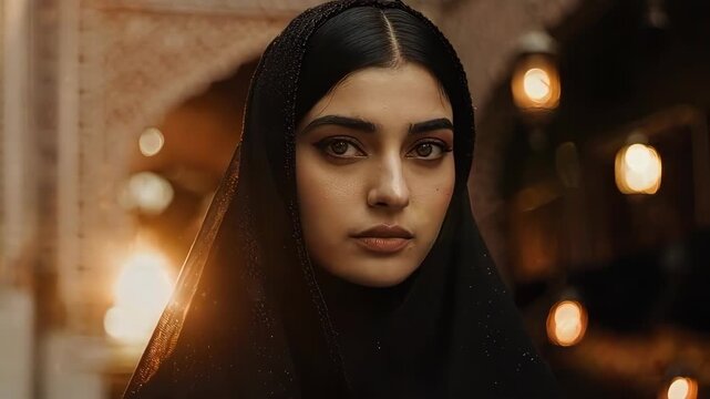Persian woman in a richly detailed close-up against the ancient bazaar arches, using warm chiaroscuro lighting to emphasize her timeless elegance