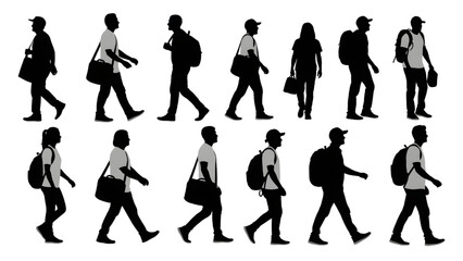 Fototapeta premium Urban Walking People Black Silhouettes Vector Pack with Bags and Backpacks