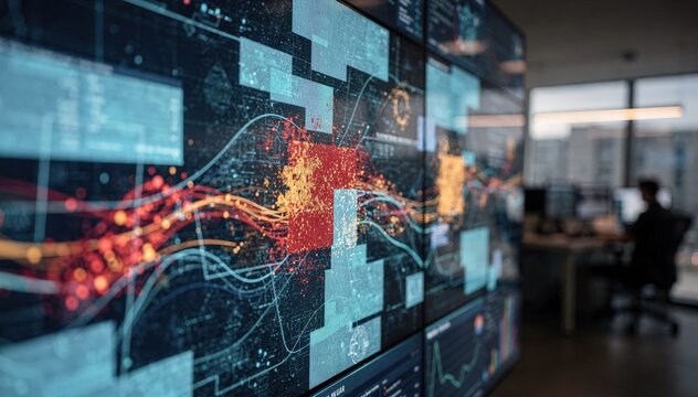 Closeup of a content delivery network monitoring wall highlighting outage detection data in sharp detail contrasting with the outoffocus control room behind.