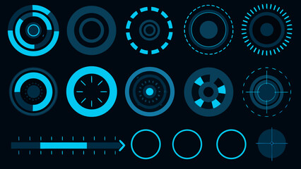 Collection of futuristic glowing blue circular loading and targeting elements