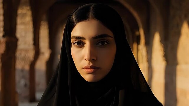 Persian woman in a richly detailed close-up against the ancient bazaar arches, using warm chiaroscuro lighting to emphasize her timeless elegance