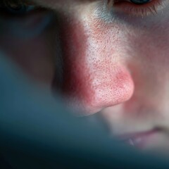 Fototapeta premium Close-up of a person's nose and part of the face showing detailed skin texture and pores with a soft focus on the eye and surrounding area, wfh, work from home, remote working at cafe