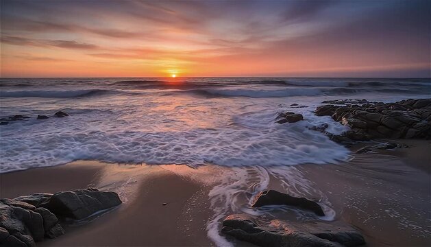 Capture the rhythmic crashing of waves on the shore, illustrating the ebb and flow of emotions and the calming effect of nature.
