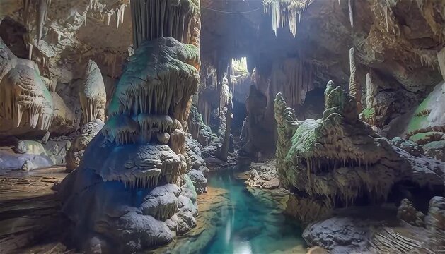 Explore the echoing sounds and visuals within a cave, creating an atmosphere of mystery and introspection.
