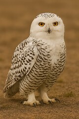 Fototapeta premium A majestic Snowy Owl standing on a dirt ground with piercing yellow eyes looking directly at the camera from a close-up viewpoint