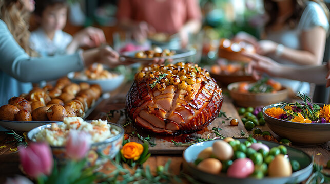 Easter Family Dinner Feast, Delicious Glazed Roasted Ham Main Course with Festive Sides, Warm Holiday Gathering and Celebration.