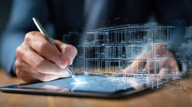Real estate professional with digital tablet concept. A hand drawing architectural plans on a digital tablet.