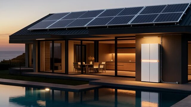 Luxury Oceanfront Smart Home with Solar Panels, Battery Storage and Electric Vehicle at Sunset &ndash; 4K