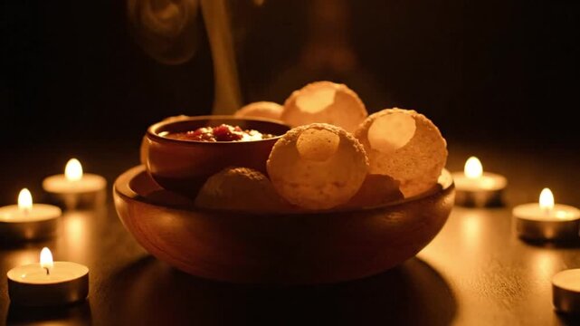 Inviting pani puri, india's street food, beautifully presented with warm candles and dipping sauce in a low-key shot.