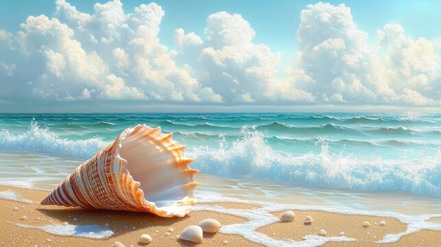 Large conch shell resting on sunlit sandy beach with small shells, gentle turquoise waves and billowing cumulus clouds conveying a peaceful tranquil mood