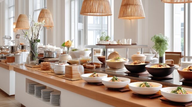 Elegant breakfast buffet in a modern restaurant featuring fresh dishes, beautiful decor, and natural light illuminating the dining area