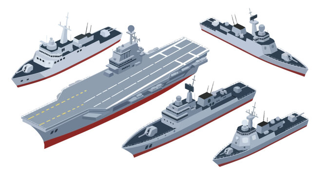 Isometric illustration depicting a fleet of modern naval warships at sea