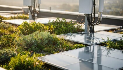 Naklejka premium Medium shot showcasing a mixture of reflective coatings and thriving rooftop vegetation emphasizing sustainable heat reduction for transmitter cooling under soft focus.
