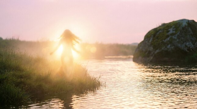 Ethereal glowing spirit silhouette standing by a mystical river at sunset