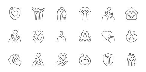 Family care and love line icons set, protection and support concept
