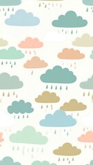 Pastel clouds with rain drops. Seamless pattern