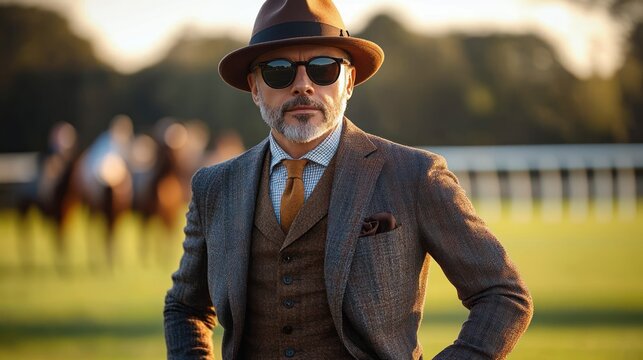 well-dressed gentleman in brown tweed three-piece suit and fedora at racetrack with horses and jockeys in the background, confident and poised in warm golden-hour light