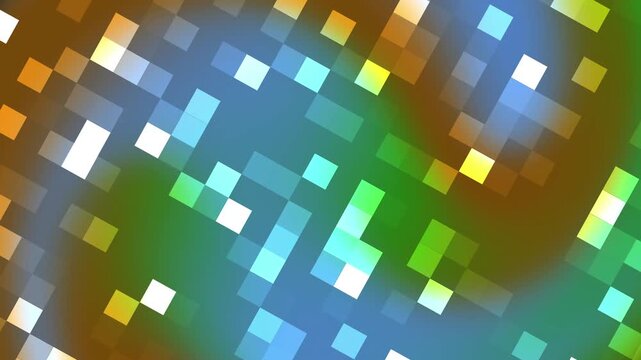 Vibrant multicolored pixelated squares in a dynamic abstract background.
