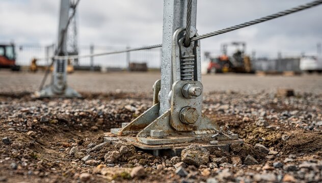 Closeup on guy wires anchored into ground crisp detail on tension cables outoffocus industrial lot and tower base behind.