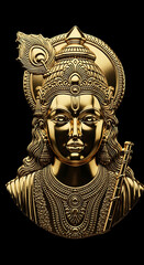 Luxury embossed gold relief sculpture of Lord Krishna face with flute and peacock feather crown, intricate temple jewelry craftsmanship, black background, premium spiritual metallic artwork design