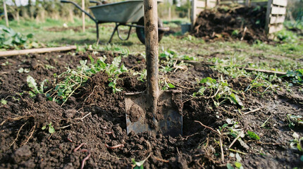 Shovel digging into soil in garden with wheelbarrow in background  