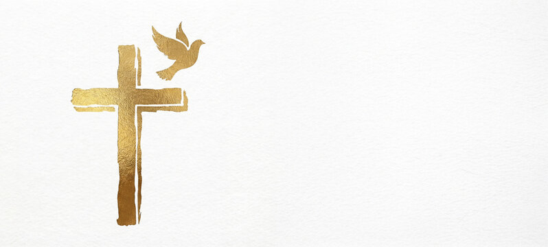 Minimal Christian illustration featuring a gold foil cross and dove symbol on textured white background. Elegant spiritual concept for Easter, Holy Week, church media, sermon slides, worship graphics 