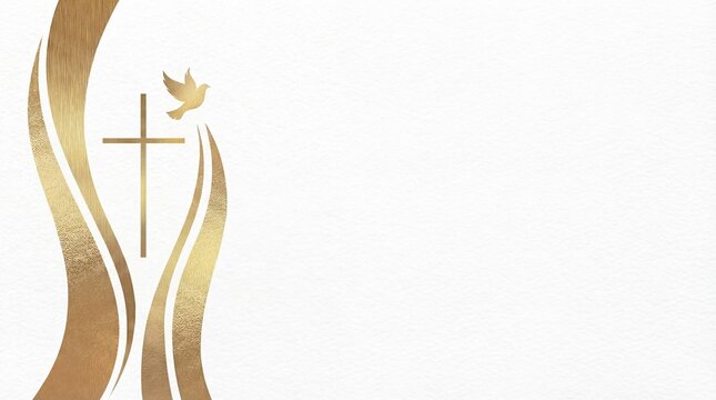 Elegant Christian background with gold cross, dove and decorative flowing shapes on white textured surface. Modern spiritual banner design for Easter, church services, worship presentations and religi