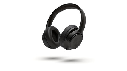 Modern black wireless headphones floating in the air with a subtle shadow underneath, isolated on a white background.