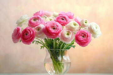 Obraz premium pink and white ranunculus bouquet with green stems in a clear glass vase of water on a soft pastel background, delicate romantic and serene still life
