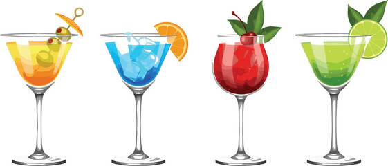 Colorful Fresh Summer Cocktail Collection in Elegant Glasses with Citrus Garnish Isolated on Transparent Background
