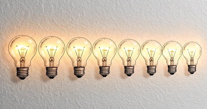 Row of light bulbs illuminating a textured wall, showcasing varying brightness levels and design