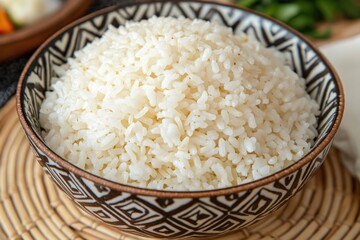 fluffy white rice in a patterned ceramic bowl on a woven mat with blurred side dishes, comforting and inviting