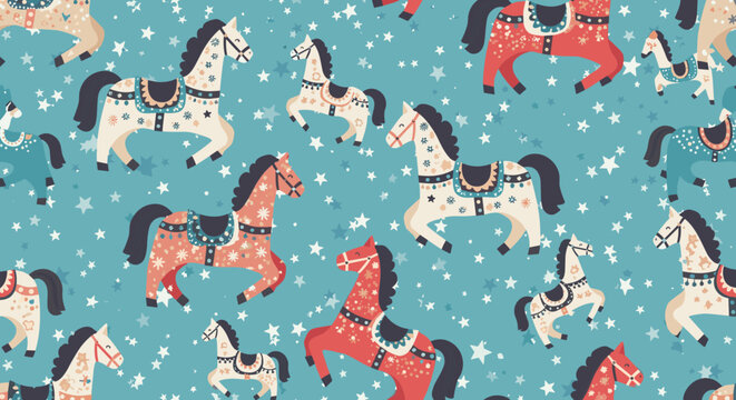 Enchanting seamless pattern of various decorated horses in red and white colors with stars on a turquoise blue background.