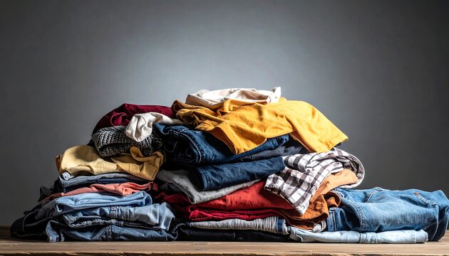 A jumbled pile of assorted clothing rests on a wooden surface against a blurred gray background