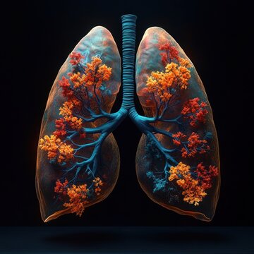 translucent human lungs with blue trachea and branching bronchi like tree trunks bearing orange and red foliage, glowing on a dark background, evoking vitality and wonder