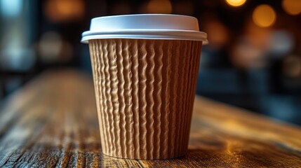 Single disposable coffee cup on wooden table