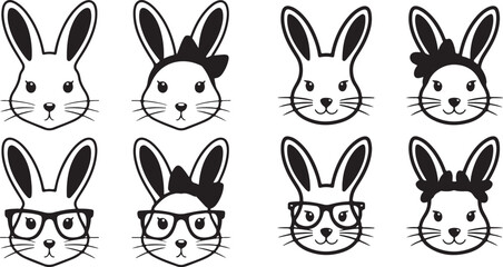 Fototapeta premium Cute bunny faces collection, diverse rabbit ears and hairstyles, playful easter characters, adorable animals