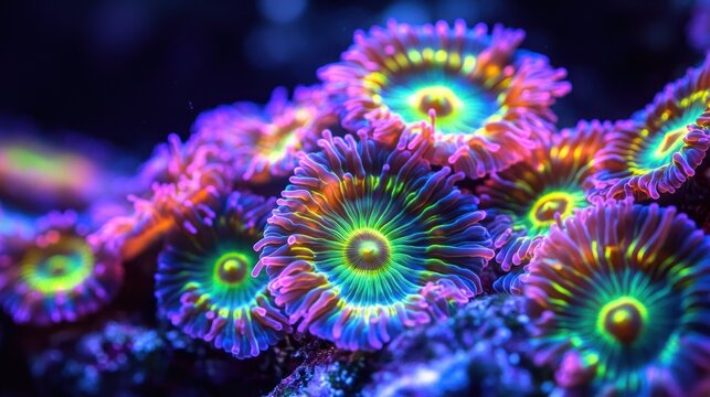 close-up of glowing neon coral polyps with radial tentacles in vibrant psychedelic colors, underwater scene conveying wonder and awe