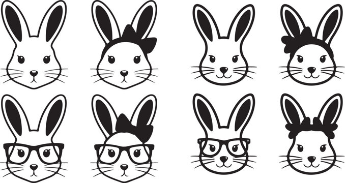 Cute bunny faces collection, diverse rabbit ears and hairstyles, playful easter characters, adorable animals
