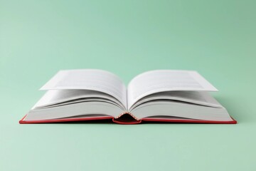 red hardcover book on a white surface with a mint green background. The curved pages and soft lighting create a calm, balanced, and modern aesthetic.