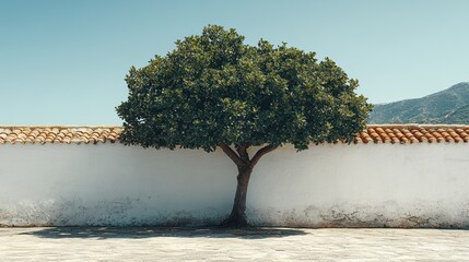 Single tree beside a white wall, terracotta roof