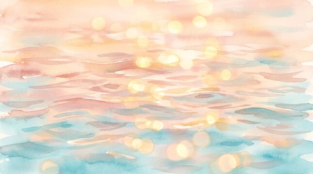 Abstract watercolor painting of shimmering water ripples with soft pastel colors and golden bokeh
