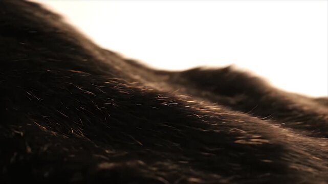 Close Up Macro Shot of Dark Textured Fur with Golden Light Reflections and Soft White Background