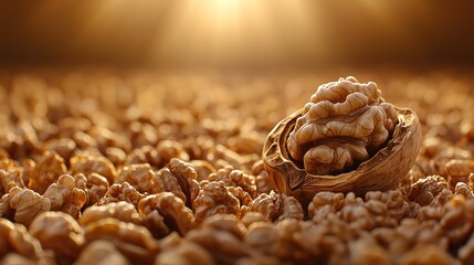 Single walnut in shell, surrounded by many.  Golden light