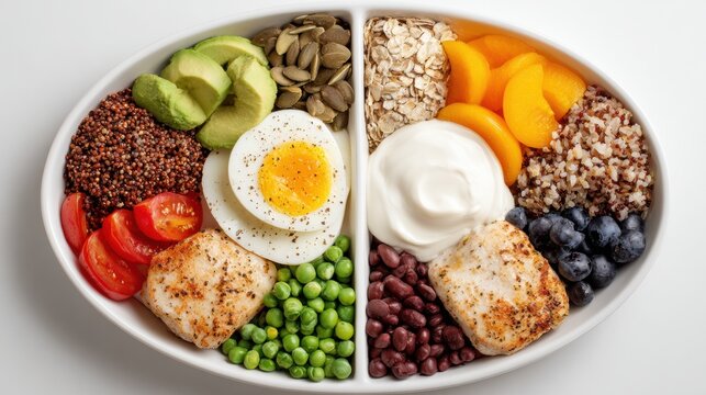 Balanced Plate With Vegetables, Grains, and Protein Displayed on a Clean White Background for Nutrition Education Purpose