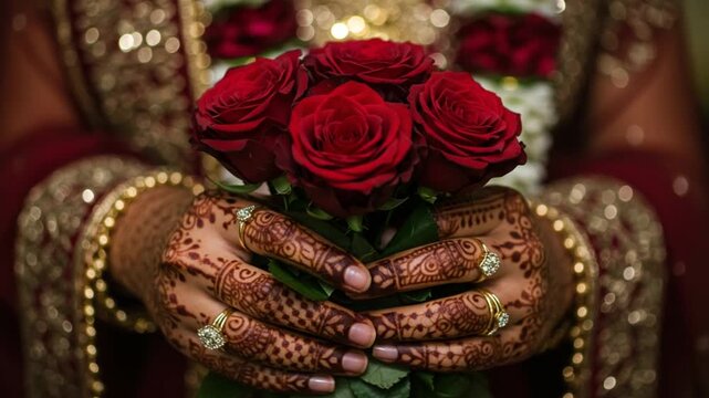 Holding Red Roses Henna Tattooed Hands Bridal Dress Close Up