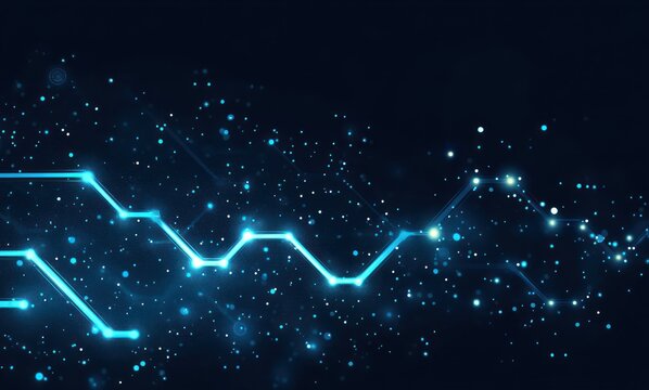 glowing cyan circuit lines forming zigzag connected nodes and scattered particle lights on a dark background, conveying futuristic digital energy and motion