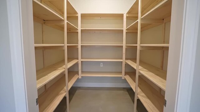 Empty walk-in pantry with natural wood shelving offers ample storage space for food and supplies in a modern kitchen design a blank canvas ready to be organized